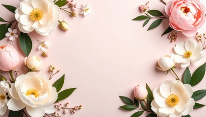 Elegant floral arrangement with peonies and blossoms on soft pink background nature still life aesthetic viewpoint
