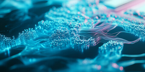 "Abstract neural network with glowing lines and digital elements, Futuristic technology with interconnected digital nodes and data flow, Close-up of digital brain network with glowing circuits and lin