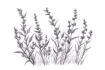 Fototapeta premium Detailed sketch of a field floral plant called Vin demonstrating intricate features, natural growth patterns, and varying heights in a serene outdoor setting