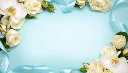 Elegant floral arrangement with white roses and orchids celebratory event soft blue background aesthetic design