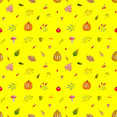 Seamless pattern with pumpkins, autumn leaves, mushrooms and apples. Watercolor delicate print on yellow background, colorful illustration.