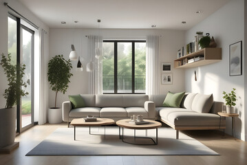 Fototapeta premium Natural Light Living Room with Scandinavian Design and Organic Green Touches