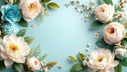 Floral arrangement display beautiful blue background creative art bright and cheerful top view nature inspiration