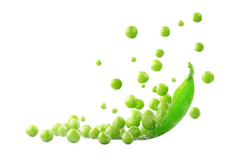 Vibrant green pea falling against a clean white background, showcasing the freshness and simplicity of nature's bounty in a playful manner