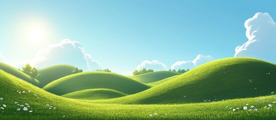 Lush green hills under a bright sky