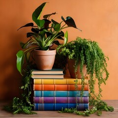 Two lush, vibrant potted plants with varying leaf shapes and sizes, placed on top of a stack of five to seven colorful books with worn, rounded spines, set against a warm, burnt orange wall with a sub