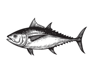 Obraz premium Vector line illustration of tuna fish in black and white