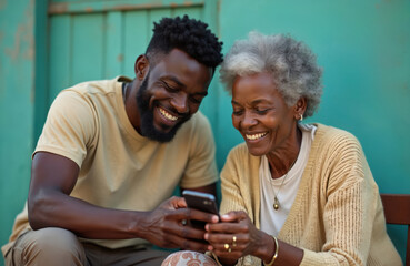 Young black man assists elderly woman using phone. African American grandmother enjoys smartphone with happy grandson. Senior adult female with gray hair looks at mobile screen smiling. Tech,