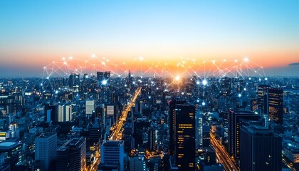 Fototapeta premium Urban cityscape at twilight with interconnected network overlay.