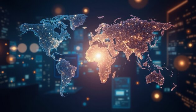 Abstract glittering world map illustration with glowing lights over a dark background
