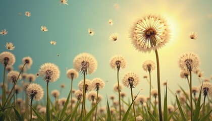 Obraz premium Beautiful field of dandelions with seeds blowing in the wind under the bright sun.