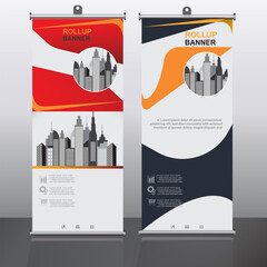 Modern roll-up banner design with cityscape, bold red and orange shapes, ideal for business advertising, events, or promotions.