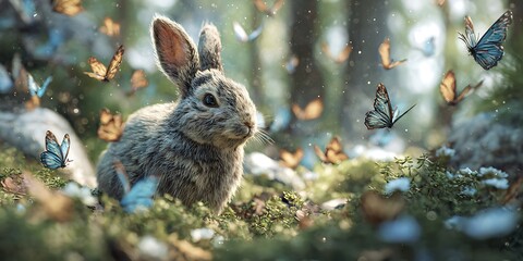 Rabbit in Enchanted Forest Magical Nature Photography Featuring Butterflies and Lush Greenery