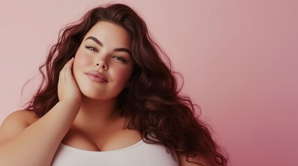 A beautiful plus-size woman standing confidently against a pink background, radiating confidence and beauty.