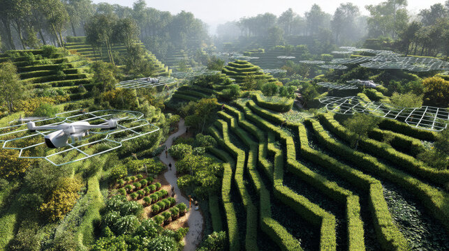 AI-powered futuristic farm, drone agriculture, robotic irrigation. Panorama agriculture drone fly. smart farmer use drone for various fields like research analysis, terrain scanning technology