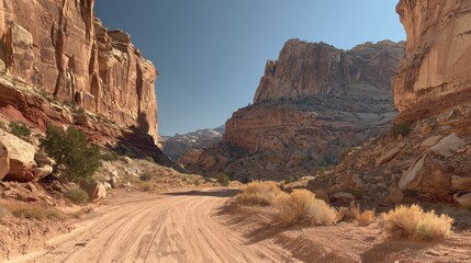 Fototapeta premium Dusty Road Through Stunning Desert Canyon Landscape Under Clear Sky