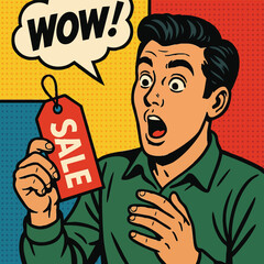 man holding a big sale sign