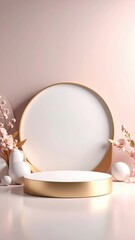 Elegant display setup with round pedestal and floral accents studio product photography minimalist front view aesthetic design