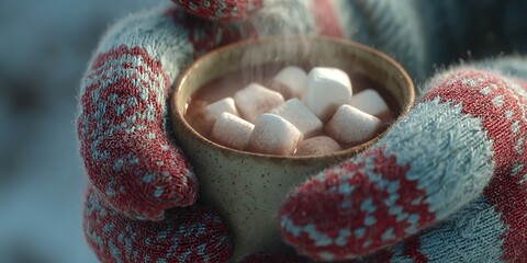 Cozy Winter Mug Hot Cocoa with Marshmallows in Knit Gloves