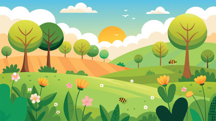 Fototapeta premium Illustration of a vibrant spring landscape with trees flowers and rolling hills