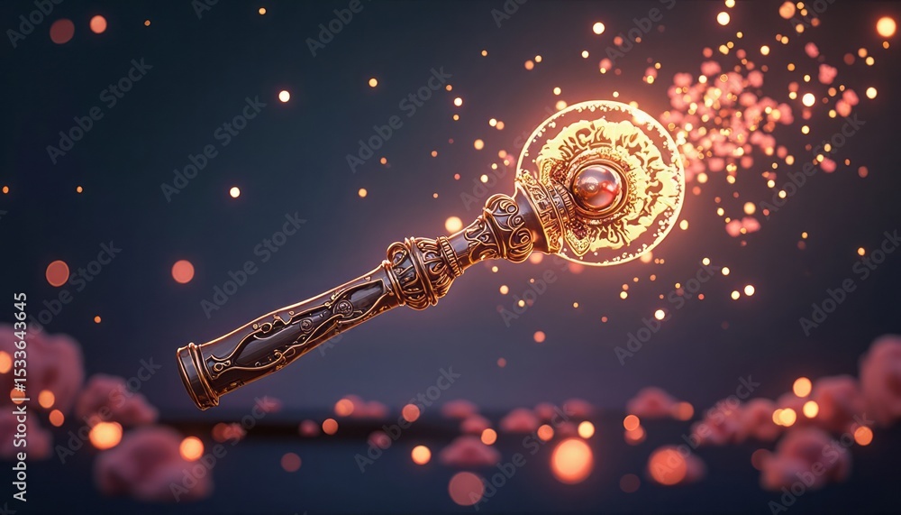 Poster intricately designed ornate key with a glowing orb and bokeh effect against a dark background