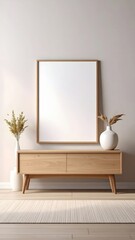 Modern minimalist furniture display with vase and plant in a bright living room interior