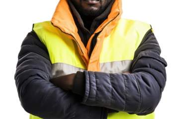 Man wearing a yellow vest and hard hat stands confidently with arms crossed at a construction site during daylight hours, ready for work