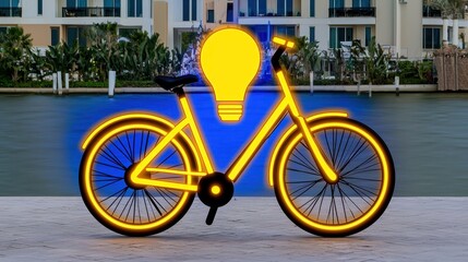 Glowing Yellow Bicycle with Lightbulb on Sandy Beach near Modern Buildings