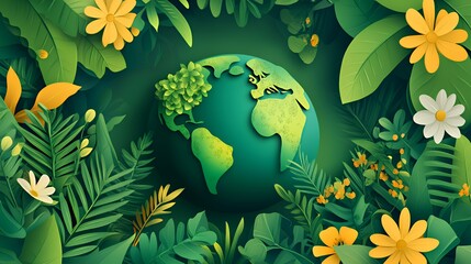 Obraz premium Vibrant green globe surrounded by lush tropical foliage and colorful flowers.