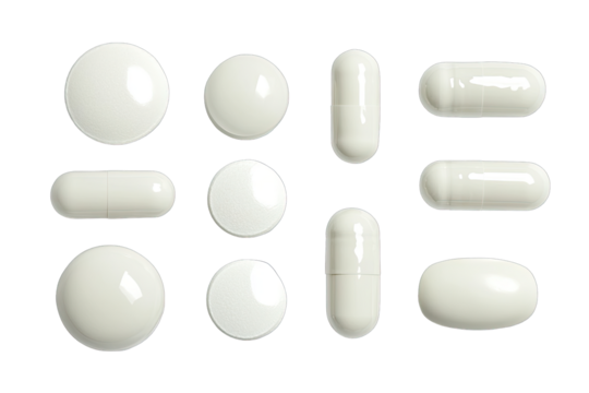 Assorted white pills and capsules arranged in a grid pattern