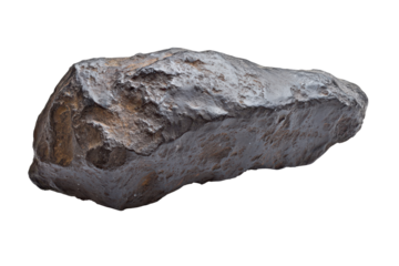 Meteor fragment sits isolated against a white background showcasing its rugged exterior and unique geological features, inviting scientific curiosity and exploration