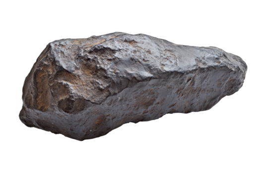 Meteor fragment sits isolated against a white background showcasing its rugged exterior and unique geological features, inviting scientific curiosity and exploration