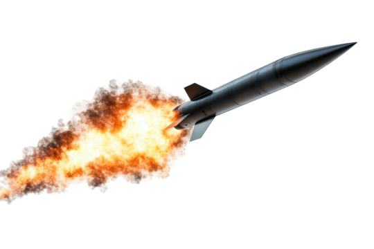 Missile rocket launches with fiery trail against a blank backdrop during a daytime demonstration of propulsion technology