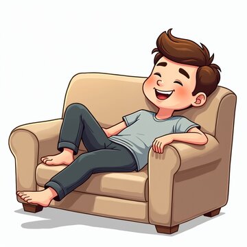 Cheerful cartoon male character resting on sectional sofa. Brown hair, bitmoji style illustration. Happy adult male lounging, smiling at home. Person in casual attire, indoor leisure lifestyle,