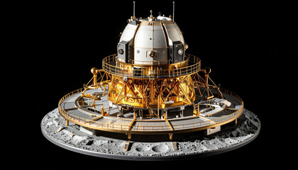 Detailed Model of Lunar Spacecraft on Moon Surface Gold Accents and Scientific Equipment