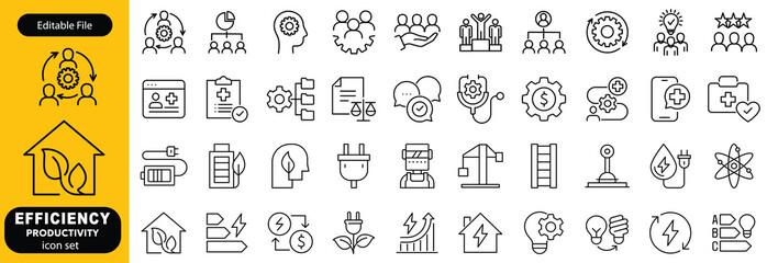 Set of efficiency related line icons. Productivity, optimization, improvement vector design, etc icon set