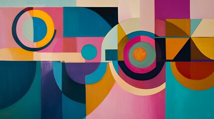 Obraz premium Vibrant abstract composition with geometric shapes and bold colors in harmonious arrangement.