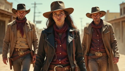 Western scene of three cowboys, cowgirl walking down dusty street. Cowboys, cowgirl dressed in vintage western clothing hats jackets, scarves. Wild West outlaws concept, action. Image evokes sense of