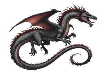 Two-Headed Dragon: Fantasy Creature Art, Mythical Beast Illustration on white background
