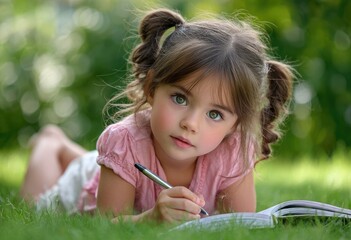 A little girl is lying on the grass, holding an open book and writing with her pen in it. She has brown hair tied into pigtails, wearing pink shorts and a white top