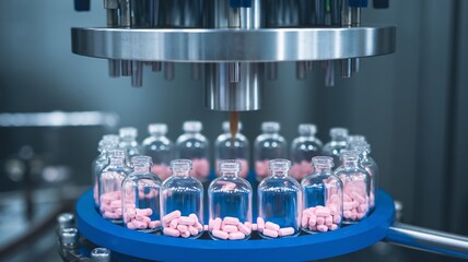 Automated machinery filling glass vials with pink pharmaceutical tablets in a sterile environment.