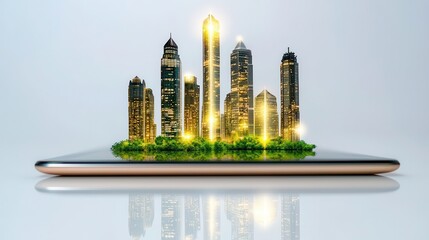 Golden Cityscape on Tablet  Glowing Buildings and Green Base