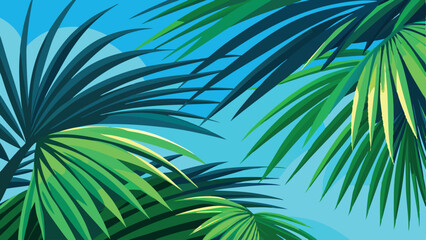 Lush green palm leaves against a turquoise sky summer tropical background design