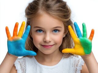 A happy child with paint on her hands, isolated on a white background
