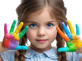 A happy child with paint on her hands, isolated on a white background