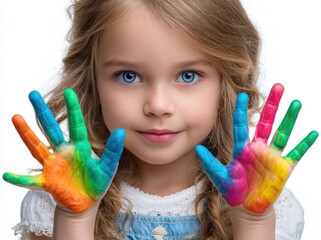 A happy child with paint on her hands, isolated on a white background