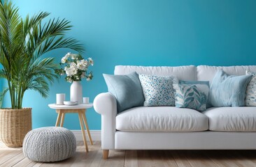 Modern living room with a blue wall, a white sofa, and a side table. Simple interior design of a home or apartment