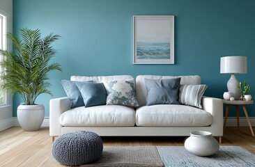 Modern living room with a blue wall, a white sofa, and a side table. Simple interior design of a home or apartment
