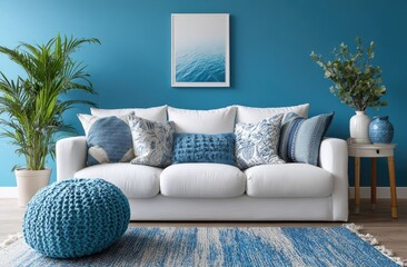Minimalist living room with a blue wall, a white sofa and side table, and a gray picture frame on the wall
