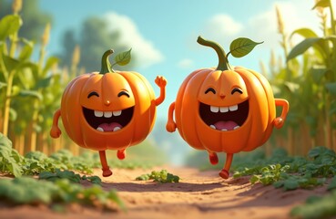 Two cheerful cartoon pumpkins running in a field. Bright orange pumpkins with happy faces, smiling, with legs and arms. Concept of healthy autumn harvest, farm life. Summer, fall season, children fun.